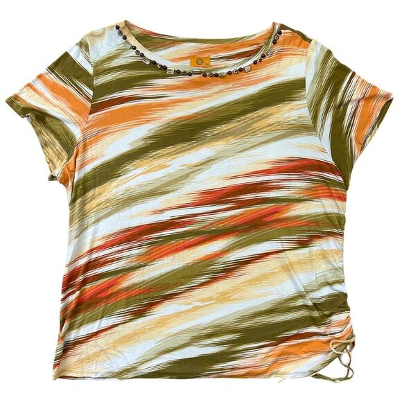 Beaded Casual Stripes Gathered Side Multicolor Pink Orange White Top Size Large - Picture 1 of 6